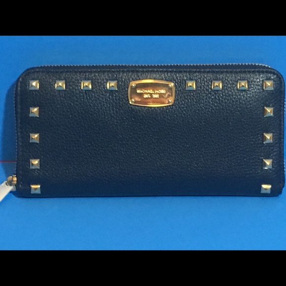 Michael Kors Handbags - SOLD! Michael Kors Leather Navy Studded Wallet NWT